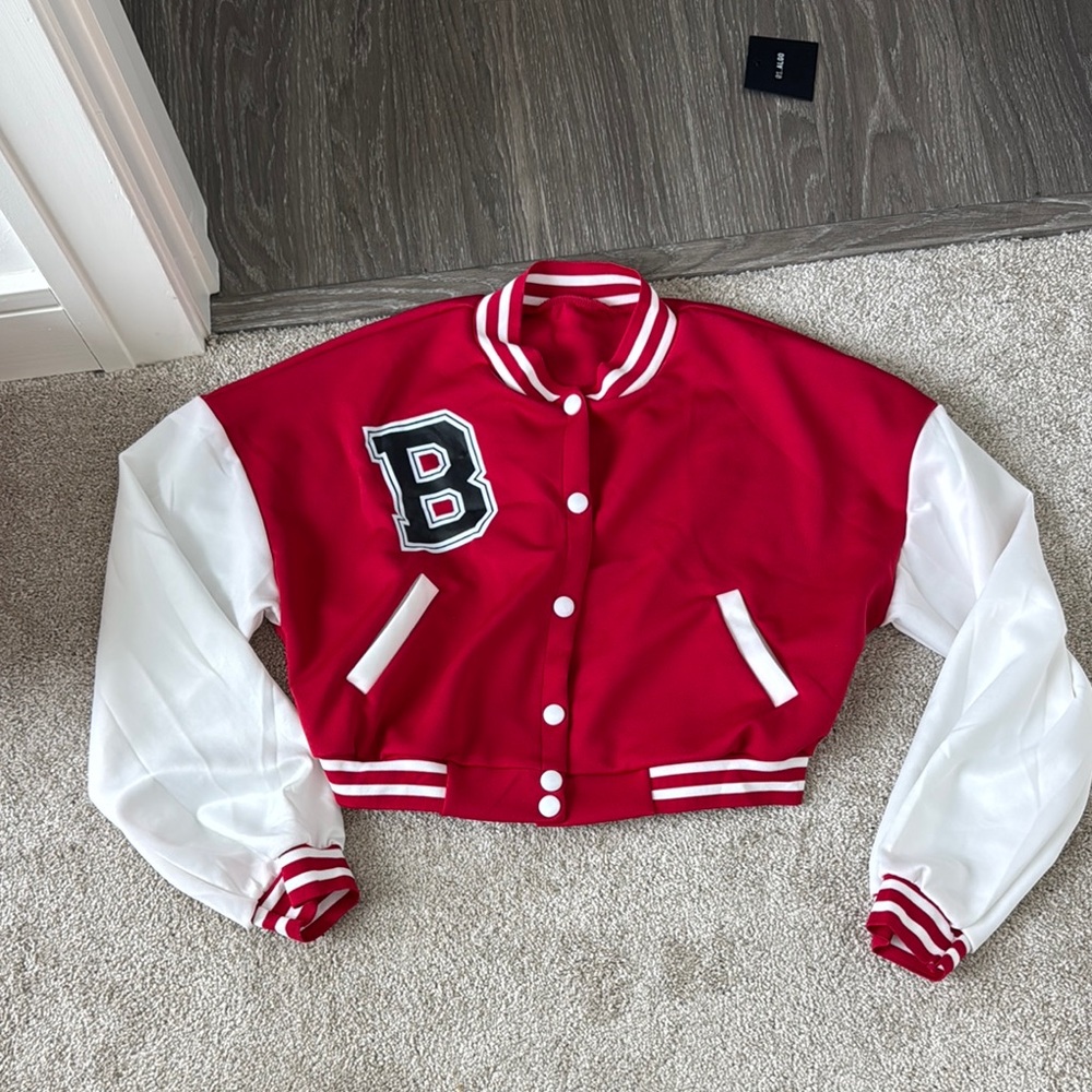 Red and White Varsity Jacket with Letter B Cropped Fit